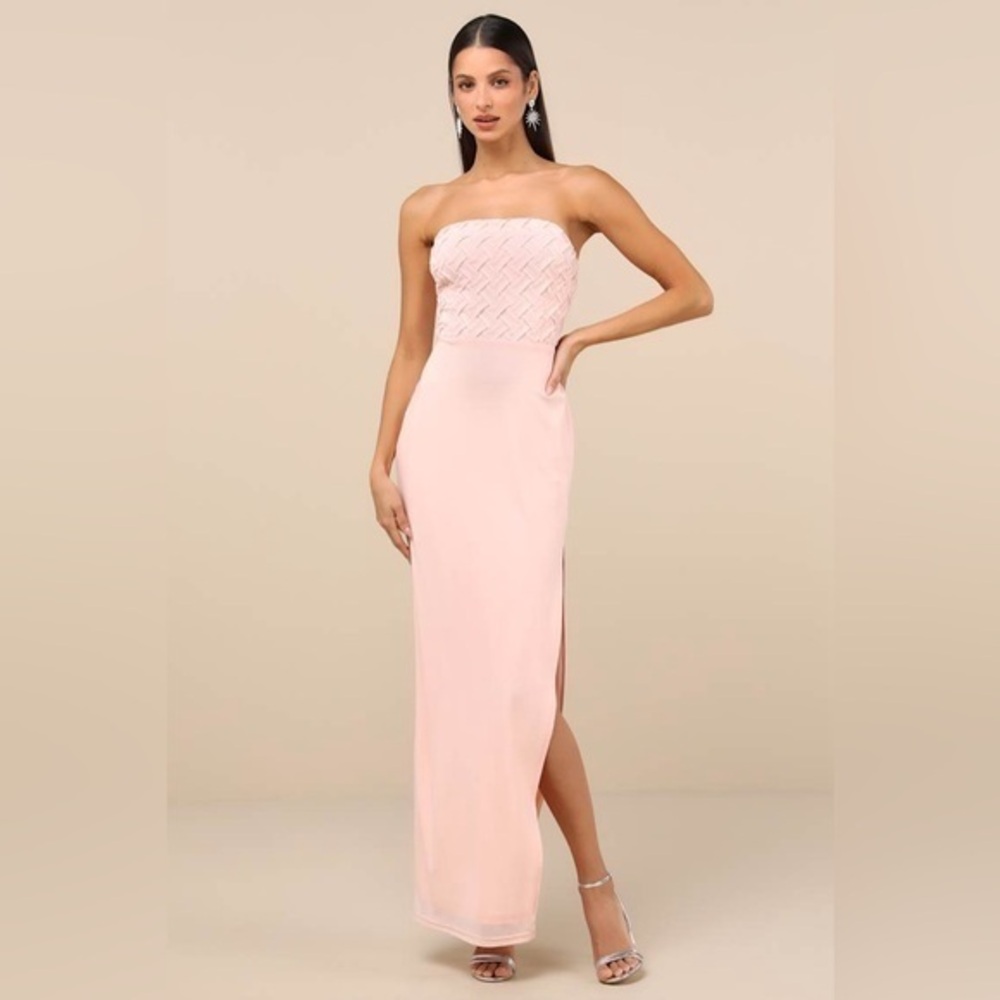 LULU’S STUNNING CONCEPT MESH RHINESTONE STRAPLESS MAXI DRESS
